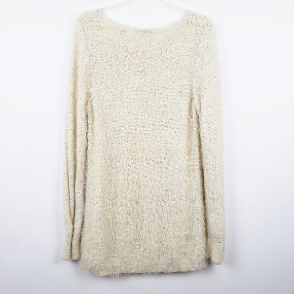 Red - Ivory Sparkle Eyelash Knit Sweater Crew neck Longer Length Size Large - Picture 12 of 13